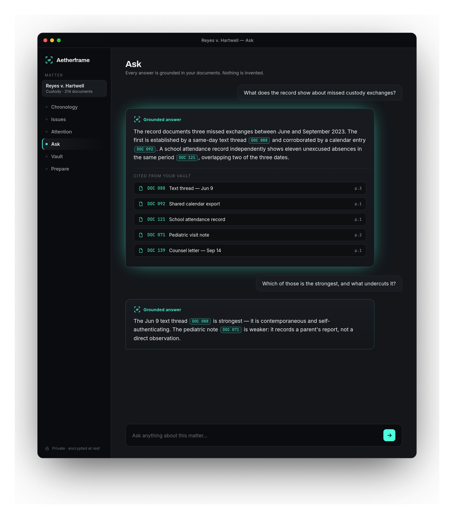 A man with reading glasses on a leather chair, laptop on his thigh — the Aetherframe Ask interface with three citation pips on the answer.