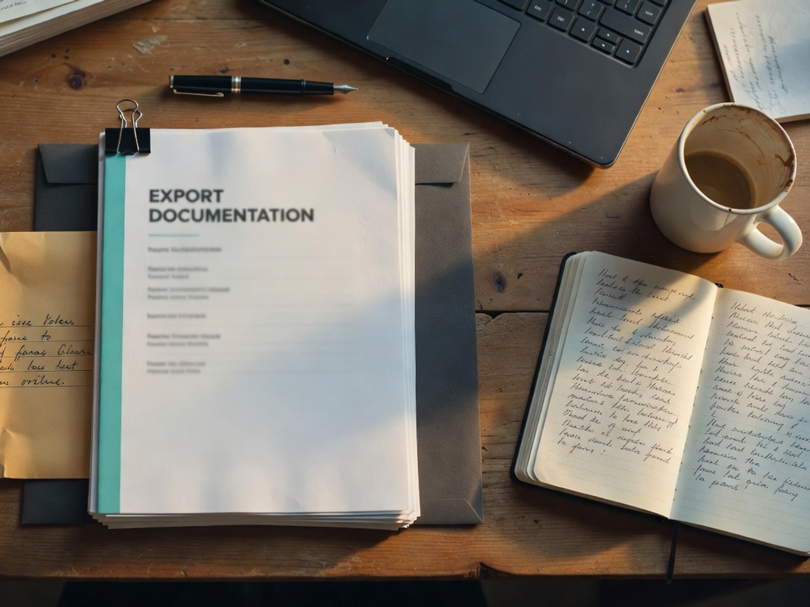 An export packet ready to hand to an attorney — stapled stack, a manila envelope, a fountain pen.