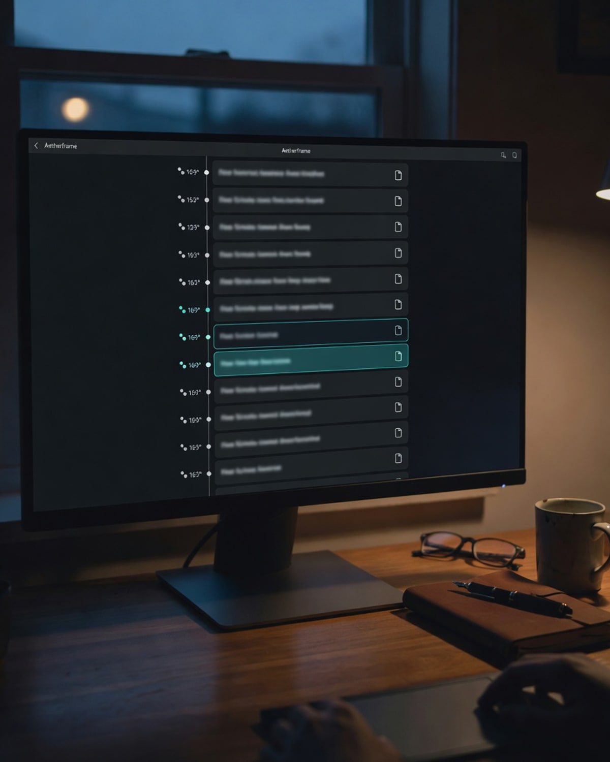 The Aetherframe app open on an external monitor in a dim home office — a chronology of event cards, each linked to its source document.