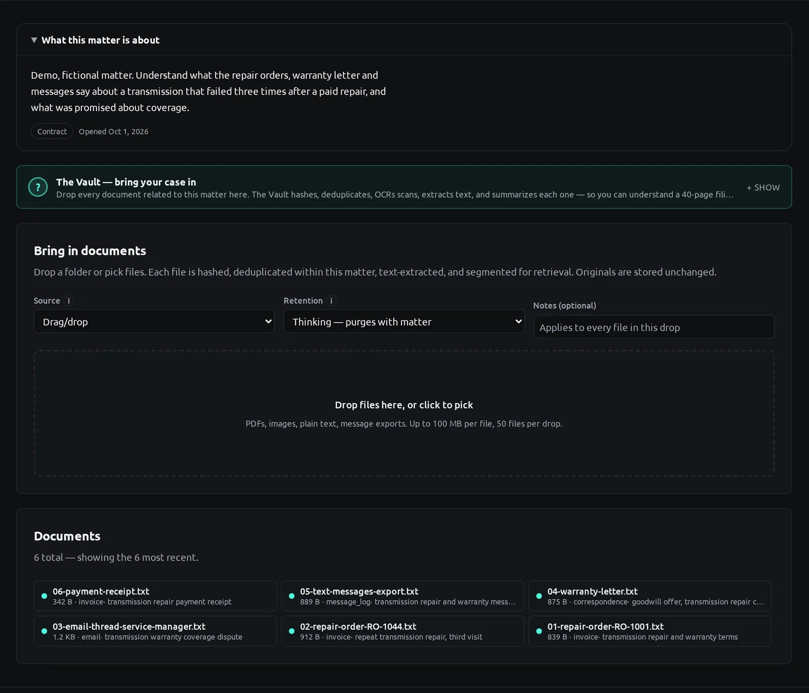 Aetherframe Vault for a fictional demo matter: a document drop zone and six uploaded files (repair orders, email thread, warranty letter, text export, receipt) with type tags.
